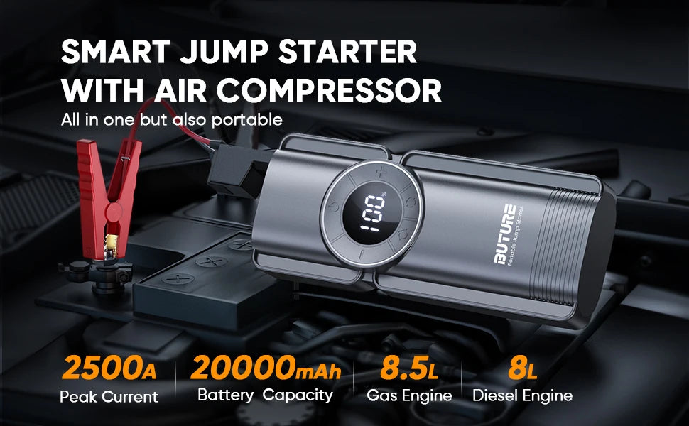 Buture 4 In 1 Jump Starter 150PSI Pump Air Compressor 20000mAh Power Bank 2500A Starting Device 15V Digital Tire Inflator