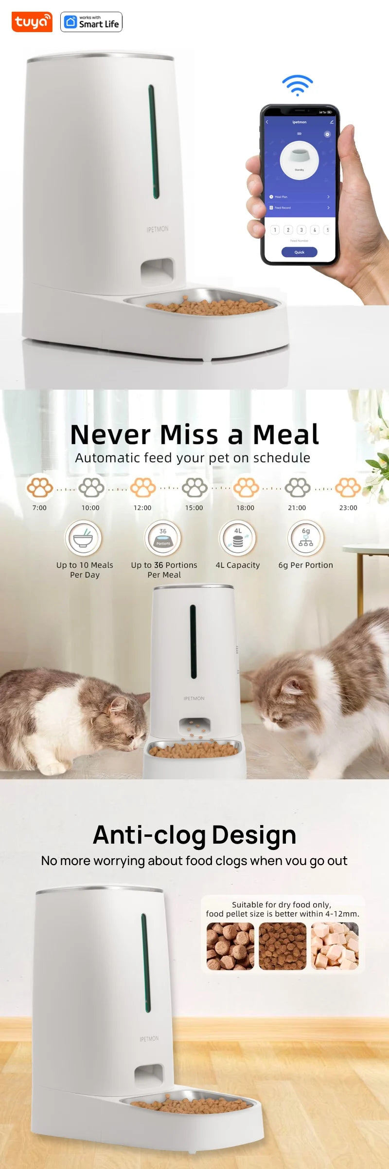 Wi-Fi Enabled 4L Pet Feeder for Cats and Dogs,APP Control,Stainless Steel Bowls,Low Food Alarm,For IPETMON/Tuya /smart lifeAPP