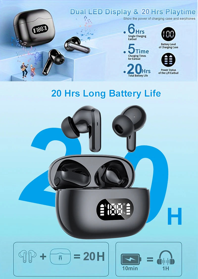 Wireless Earphone 40dB Noise Cancelling Bluetooth 5.3 Headphone 6 Mic ENC with LED Display HD Call TWS Earbuds Transparency Mode