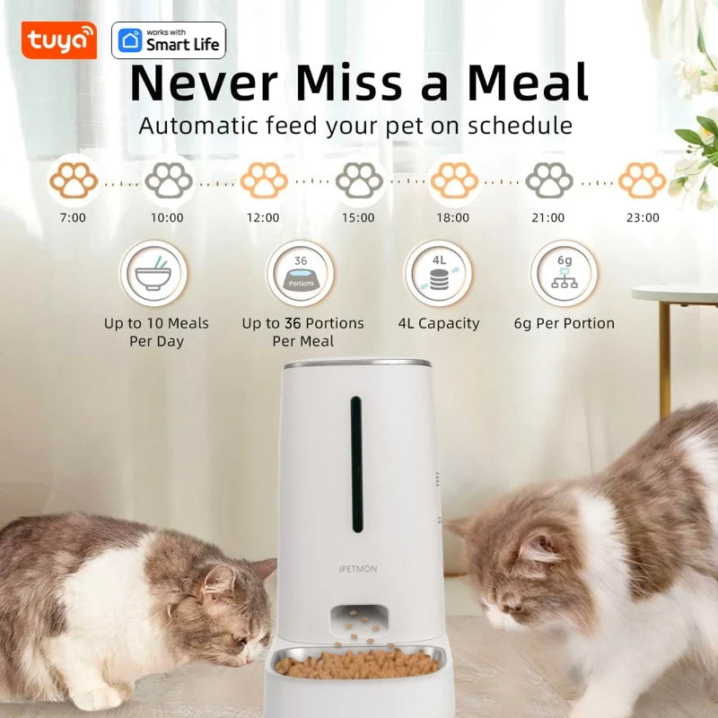 Wi-Fi Enabled 4L Pet Feeder for Cats and Dogs,APP Control,Stainless Steel Bowls,Low Food Alarm,For IPETMON/Tuya /smart lifeAPP