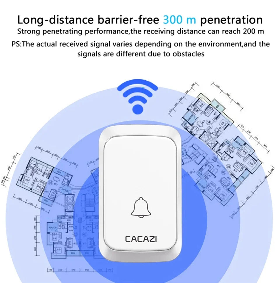 CACAZI A06 DC battery-operated Wireless Waterproof Doorbell 300M Remote 36 chimes Cordless Home Cordless Call Bell