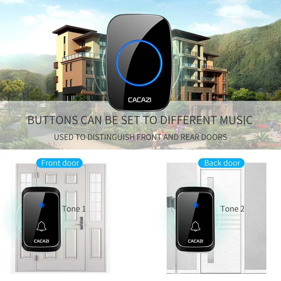 CACAZI A06 DC battery-operated Wireless Waterproof Doorbell 300M Remote 36 chimes Cordless Home Cordless Call Bell