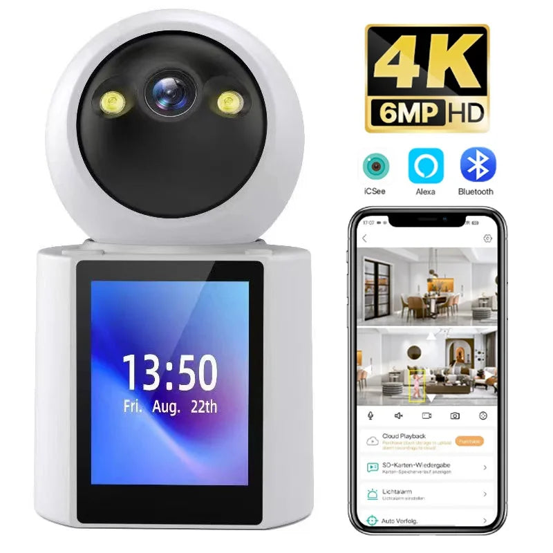 Dual Screen Camera: One Click Call, 4K 6MP WiFi Camera with AI Human Detection, Color Night Vision CCTV Video Surveillance