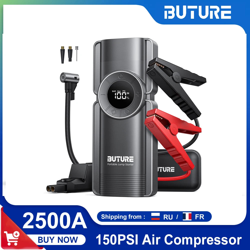 Buture 4 In 1 Jump Starter 150PSI Pump Air Compressor 20000mAh Power Bank 2500A Starting Device 15V Digital Tire Inflator