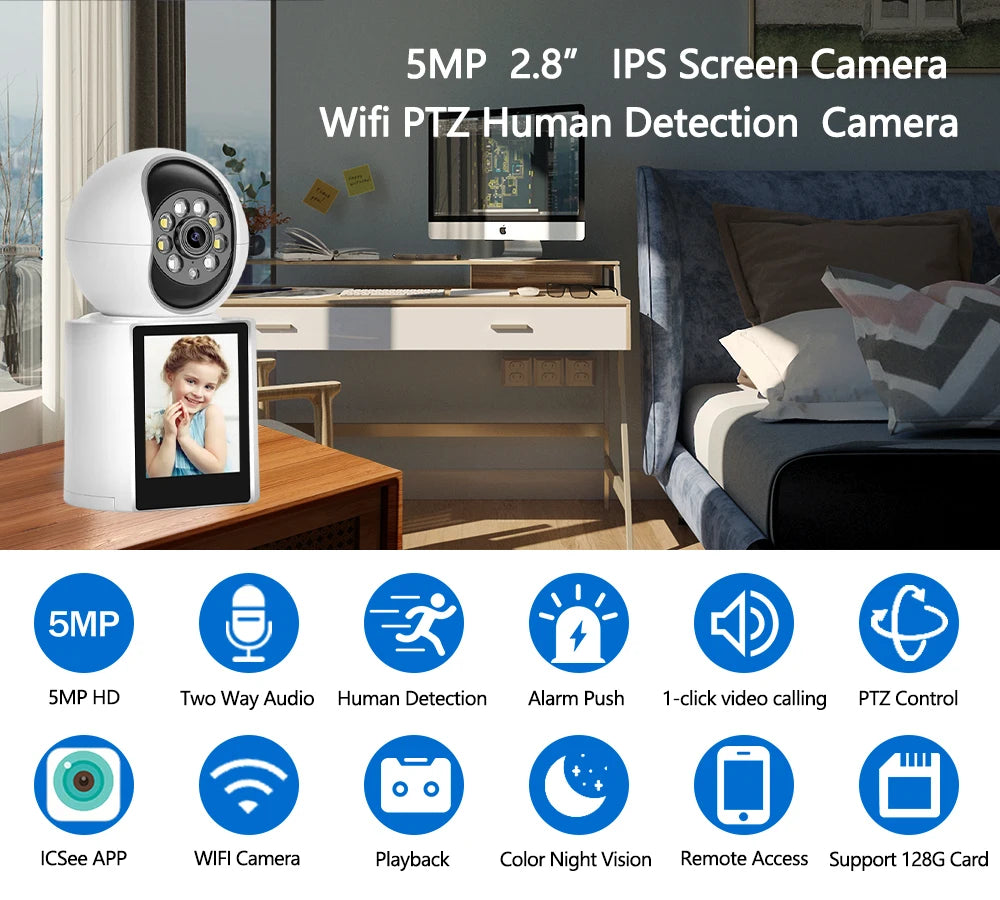 5MP Wifi Camera Baby Monitor HD 2.4 inch Screen Smart Home Security Camera Twao Way Audio Video Calling PTZ Wifi IP Camera ICsee