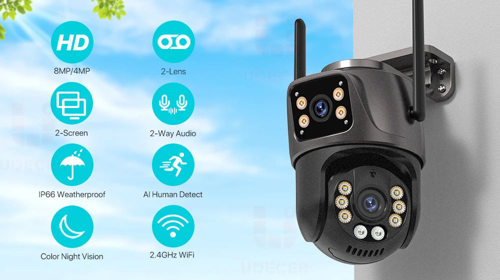 4K 8MP HD Wifi PTZ Camera Outdoor 4MP Dual Lens Dual Screen AI Auto Tracking IP Camera CCTV Audio Video Surveillance P2P iCSee