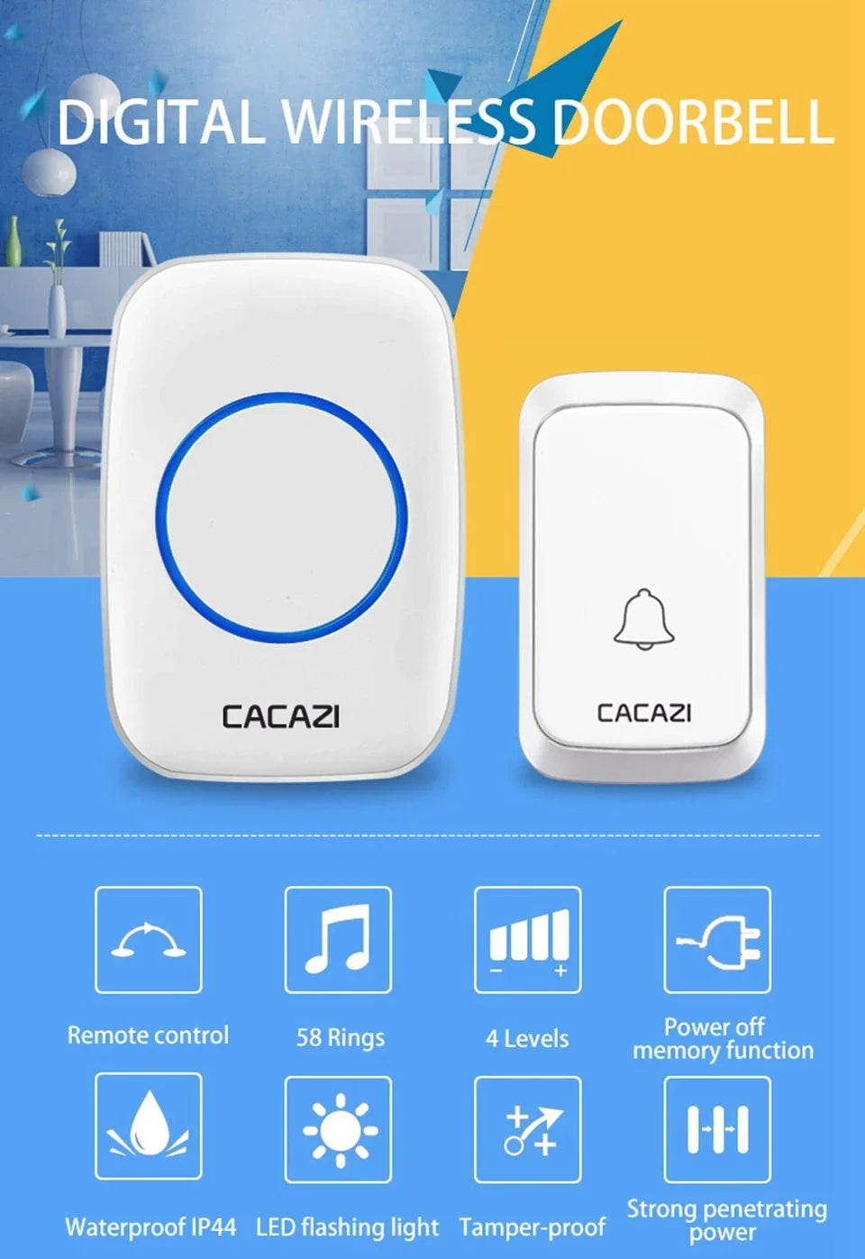 CACAZI A06 DC battery-operated Wireless Waterproof Doorbell 300M Remote 36 chimes Cordless Home Cordless Call Bell