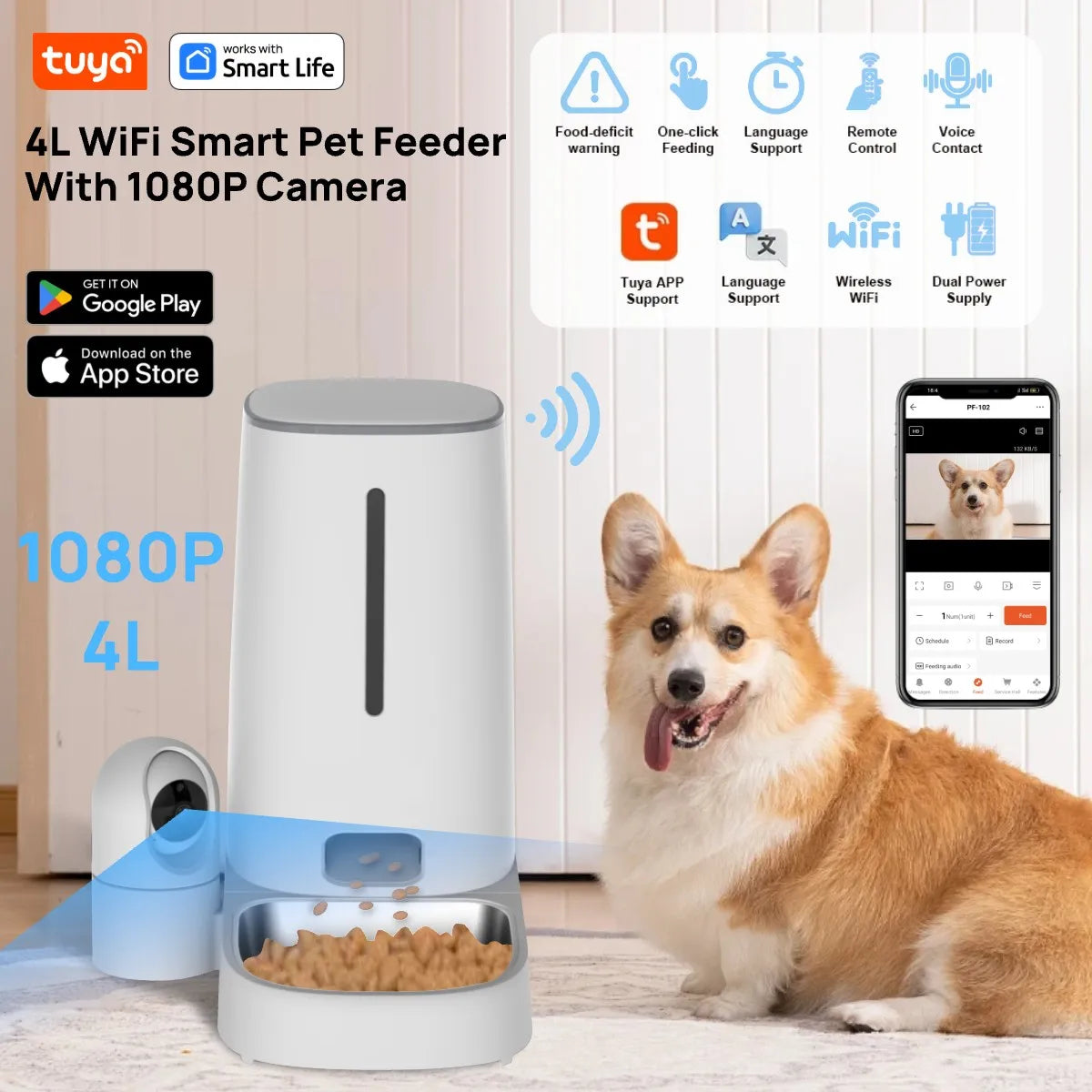 Wi-Fi Enabled 4L Pet Feeder for Cats and Dogs,APP Control,Stainless Steel Bowls,Low Food Alarm,For IPETMON/Tuya /smart lifeAPP